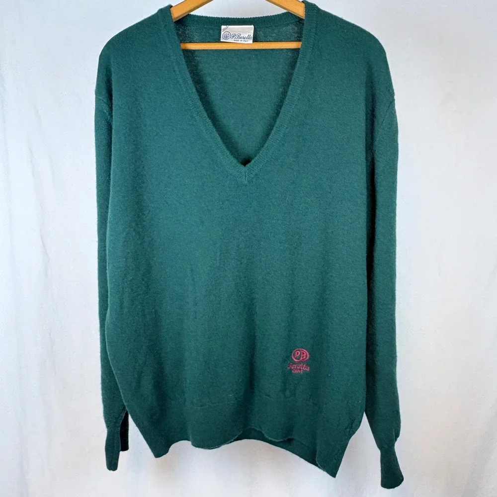 Vtg P Beretta Sport Men Green Embroidered Logo V-Neck Sweater Italy L Academia